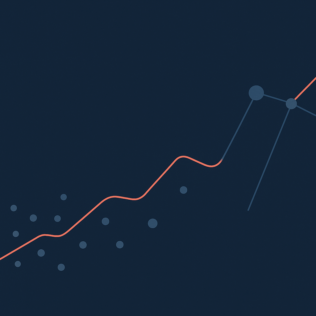 A rising data trend line dissolving into nodes in navy and coral, illustrating AI for people analytics