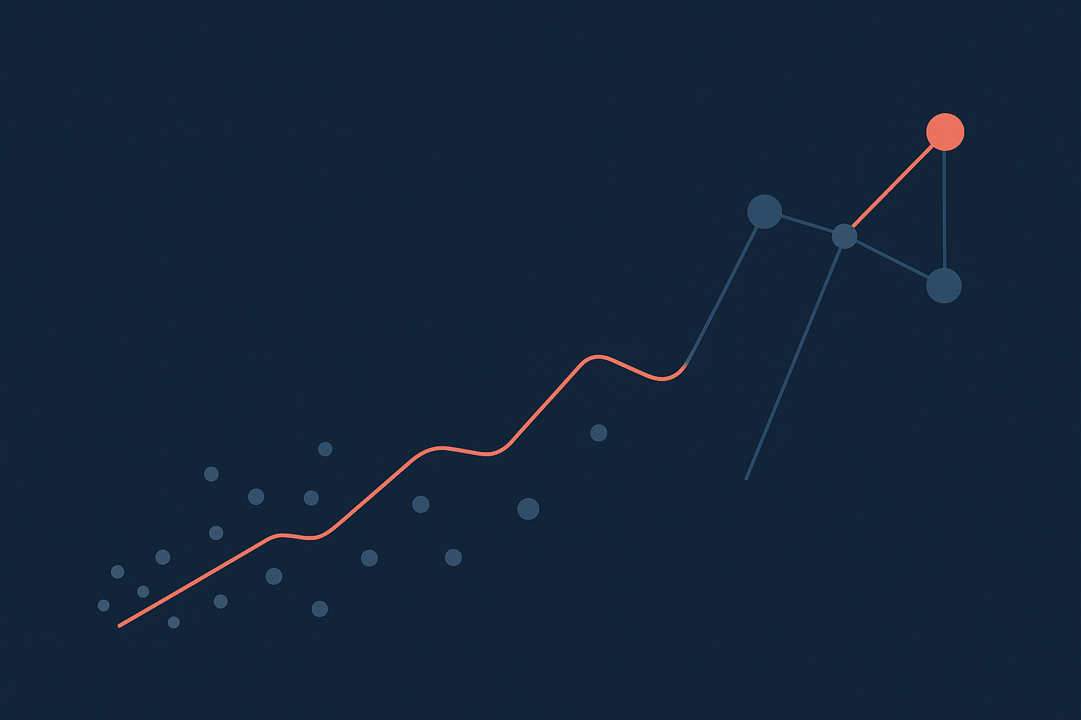 A rising data trend line dissolving into nodes in navy and coral, illustrating AI for people analytics