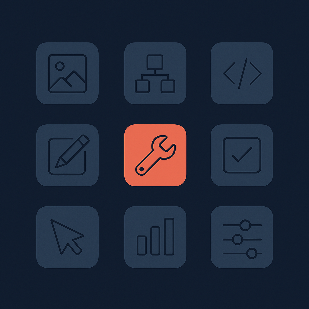 Grid of AI tool tiles in navy with one coral highlight, illustrating the best AI tools for HR