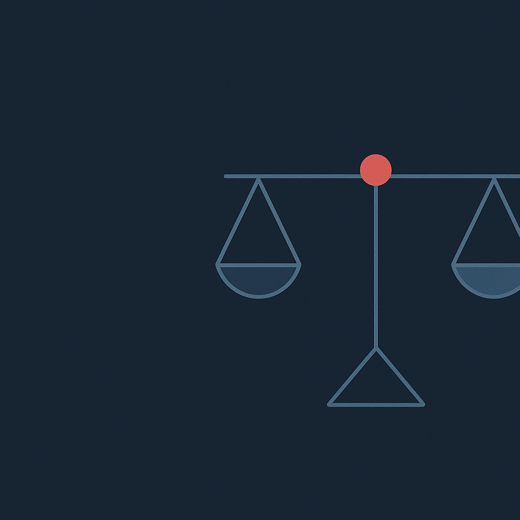 A balanced scale in navy with a coral fulcrum, illustrating ethical AI in HR