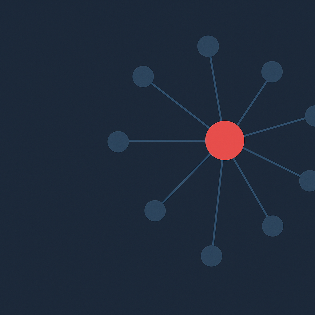 A central hub connected to satellite nodes in navy and coral, illustrating MCP and connectors for HR