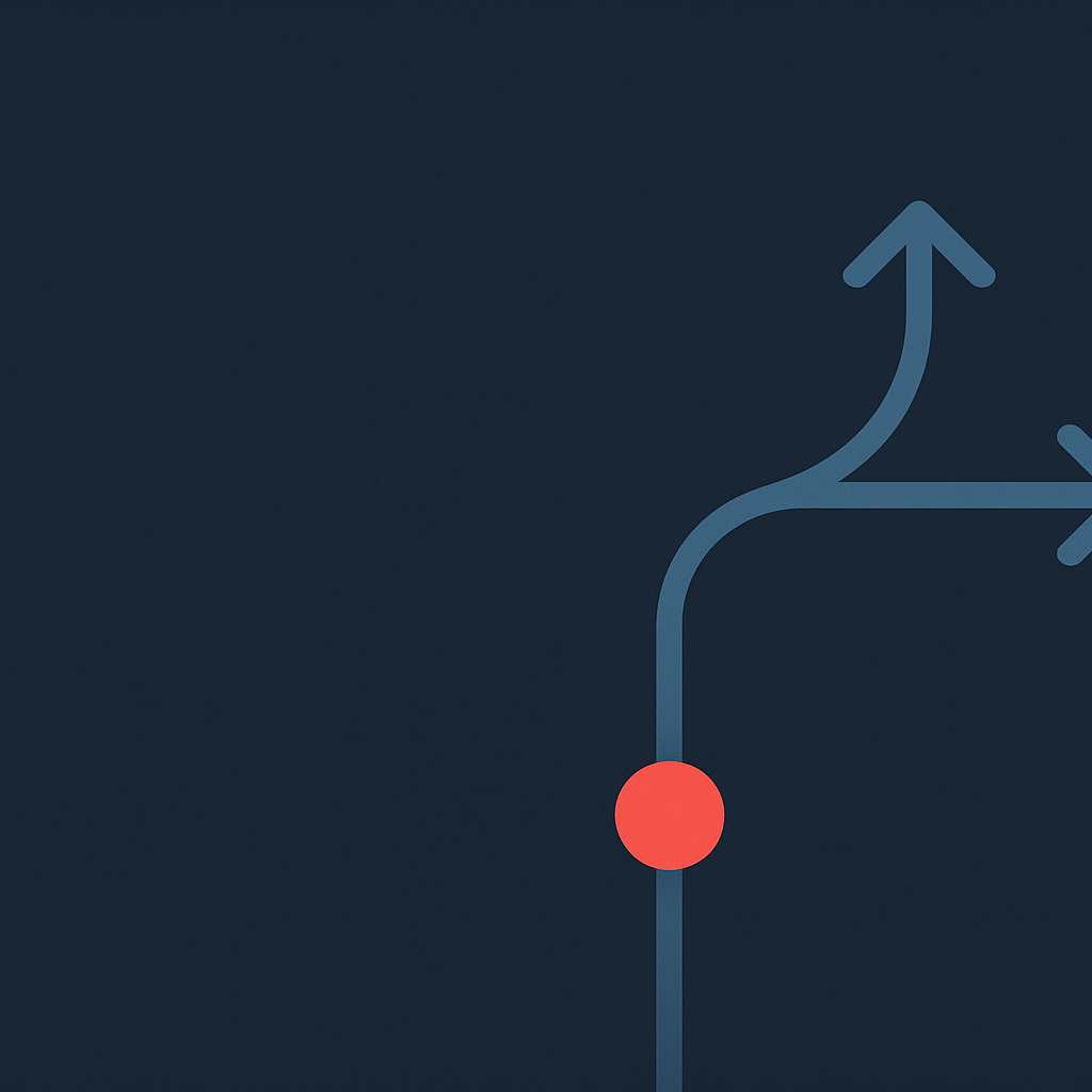 A forking path in navy and coral, illustrating whether AI will take HR jobs