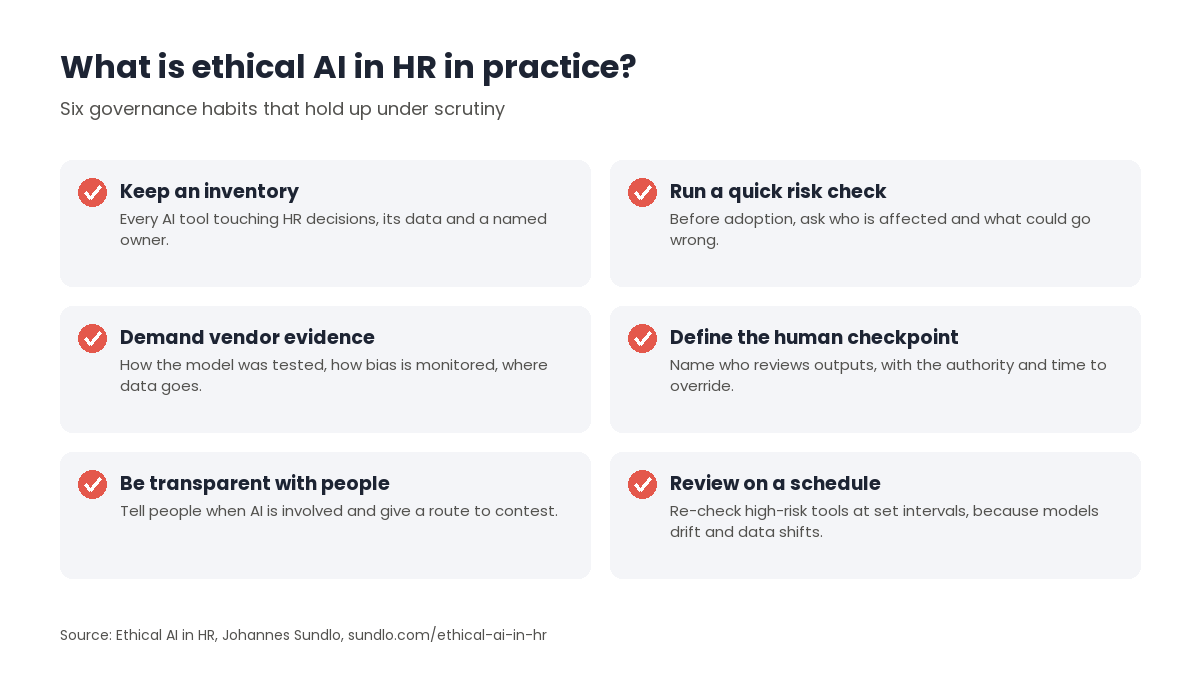Six-item governance checklist for ethical AI in HR: keep an inventory with named owners, run a risk check before adoption, demand vendor evidence, define a human checkpoint, be transparent with people, and review high-risk tools on a schedule.