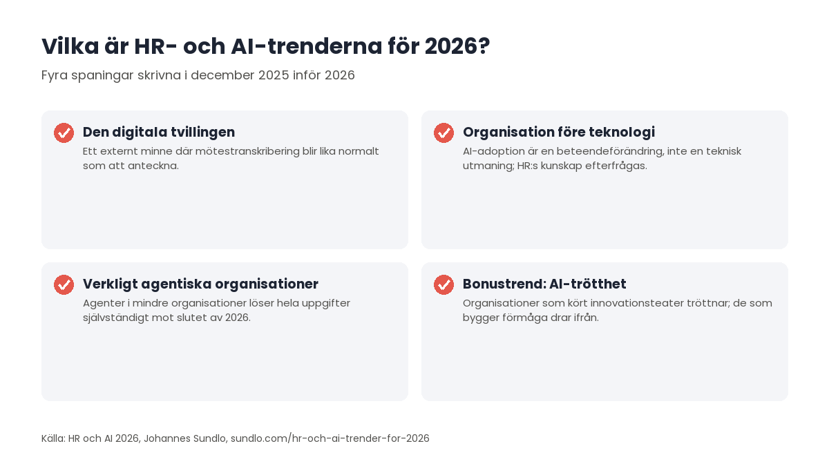 Checklista med fyra HR- och AI-trender för 2026: den digitala tvillingen som externt minne, organisation före teknologi, embryot till agentiska organisationer och bonustrenden AI-trötthet hos organisationer som kört innovationsteater.