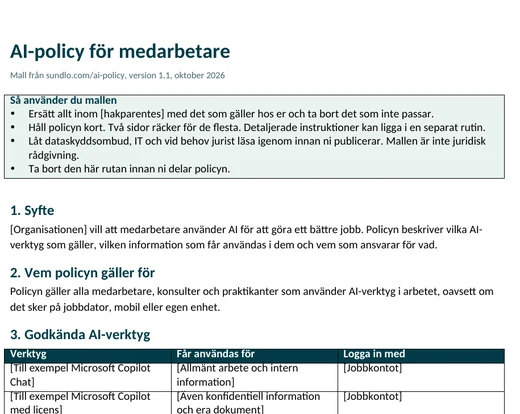 Första sidan av mallen AI-policy för medarbetare