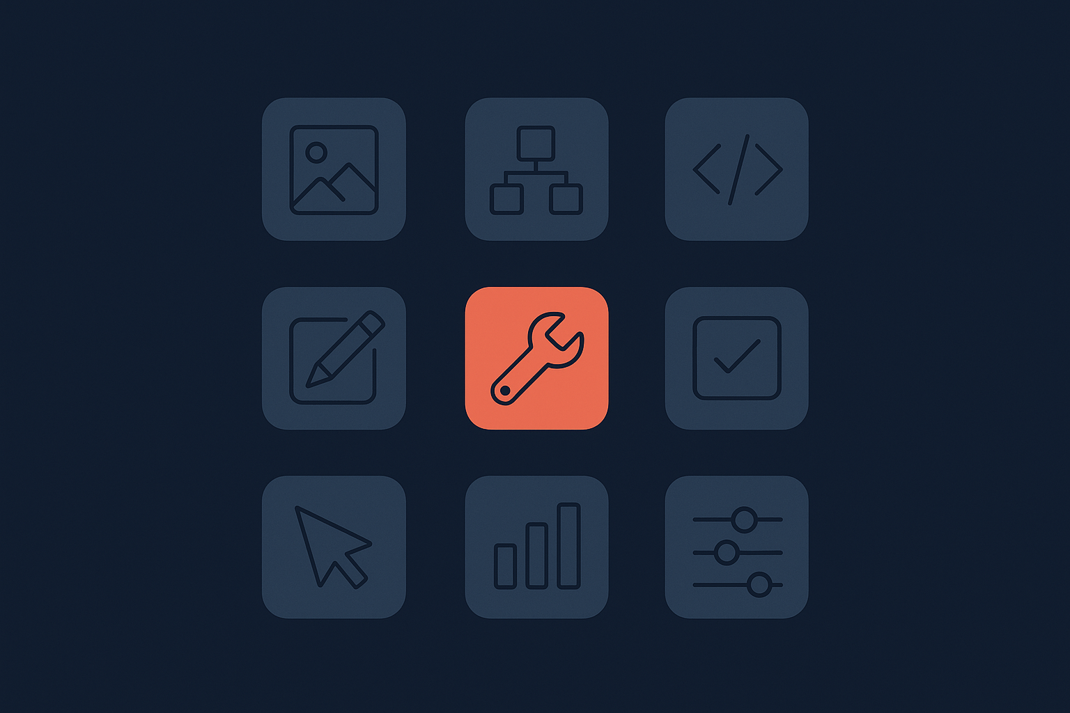 Grid of AI tool tiles in navy with one coral highlight, illustrating the best AI tools for HR
